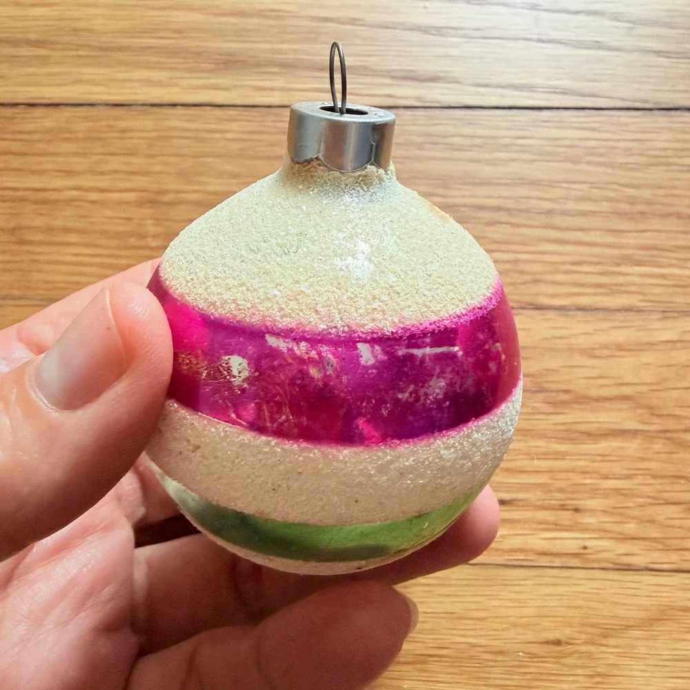 George Franke Pair Christmas Ornaments Pink Green Striped Mica USA MCM 1950's